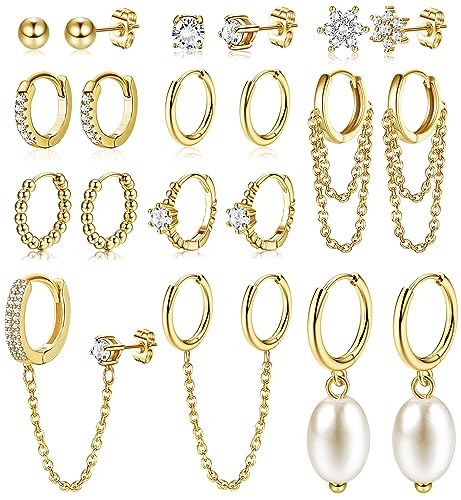 HAIAISO Small 14K Gold Plated Huggie Hoop Earrings for Women Lightweight Double Piercing Chain Earrings Dainty Stud Earrings Hypoallergenic 14K Gold Plated Hoop Earrings Set