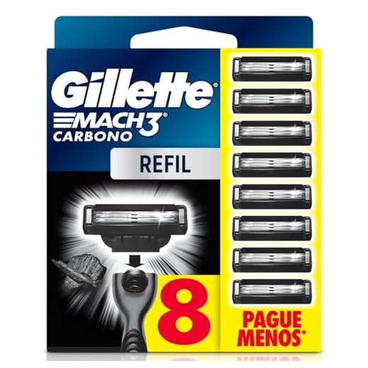 Refils Para Barbear Gillette Mach3 Carbono Carga para Aparelho de Barbear com Carvão Ativado 8 Uds