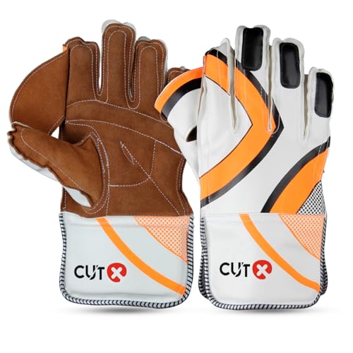 Image of CUT X Cricket Summer Leather Cricket Wicket Keeping Gloves Suitable for Professional Players (Orange)
