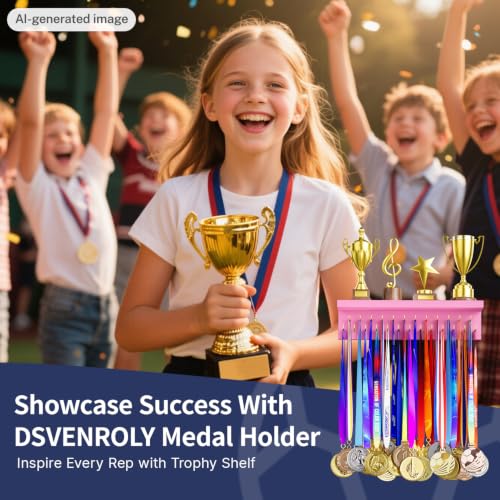 Image of Medal Holder Display Trophy Shelf Organizer, Sturdy Wooden Race Award Hanger Rack with 25 Steel Hooks, Wall Mount Storage Stand for Sports Fans, Cheer Success