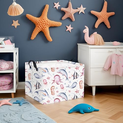Image of Rectangular Ocean Basket for Kids Baby Basket for Boys and Girls Cute Toy Storage Organizer Bin Box Sea Fishes Room Decor(Sea Fishes)