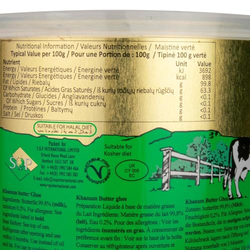 Khanum Reines Butterfett Ghee 2 x 500g – Hochwertiges Butterfett zum Braten, Kochen & Backen | Perfekt zum Frittieren, hoher Rauchpunkt, ohne Zusatzstoffe mit Kajal-Aufkleber