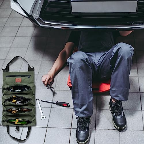 Werkzeug Rolltasche, Canvas Schraubenschlüssel Werkzeugtasche, Mehrzweck Rolltasche mit 5 Reißverschlusstaschen, Ideal für Klempner Handwerker und Elektriker (Grün)