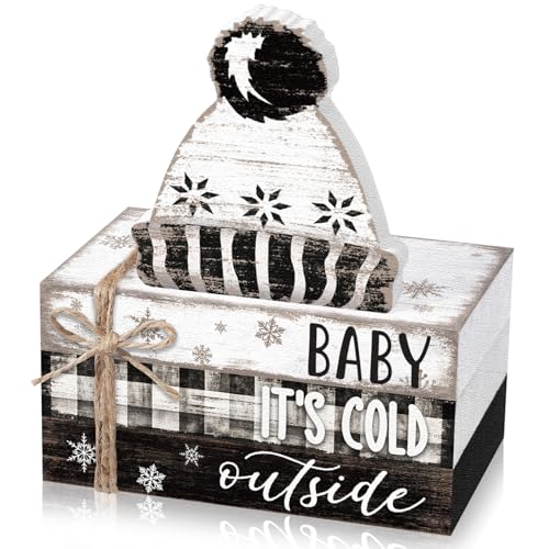 Geelin 4 Pcs Winter Tiered Tray Decorations Wooden Book Stack