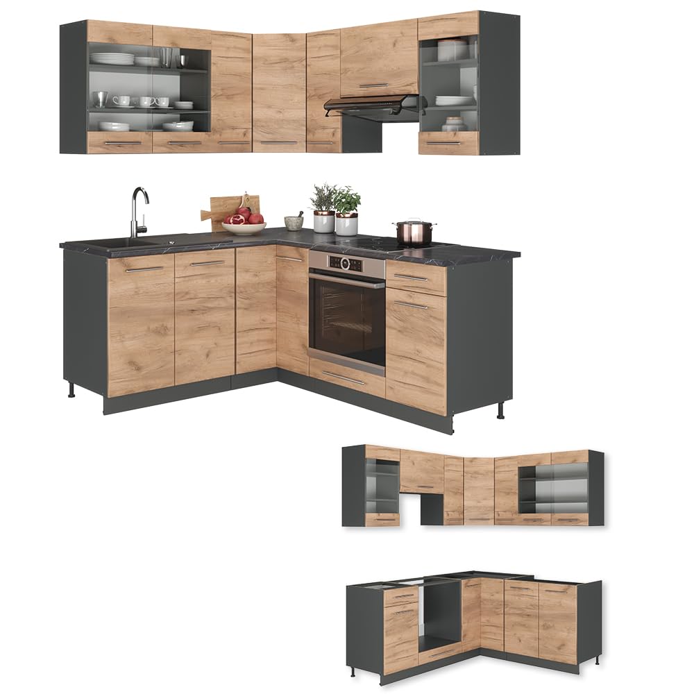 Vicco Cucina angolare completa Fame-Line, Rovere dorato/antracite, 190 x 46 cm senza piano di lavoro, adatto per l'espansione individuale con moduli aggiuntivi