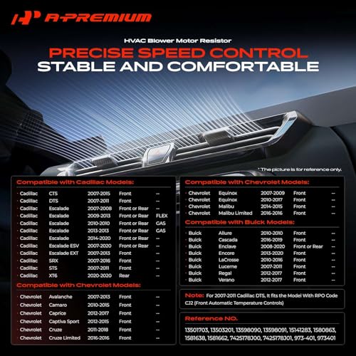 Image of A-Premium Front HVAC Blower Motor Resistor Compatible with Chevrolet Silverado 1500, Cruze, Equinox, Traverse, Tahoe, Camaro, Suburban 1500 & GMC Sierra 1500, Acadia, Terrain, Yukon & Buick Enclave