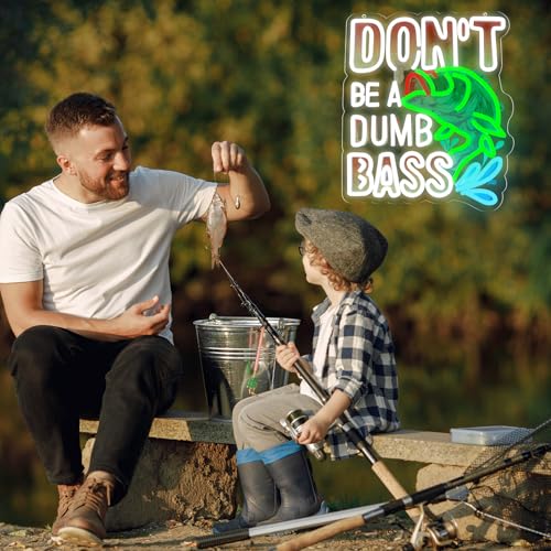 Image of Fish Neon Lights Don't Be a Dumb Bass Neon Signs Wall Decor for Bedroom,Game Room, Man Cave Fishing Gifts For Men, Dad For Fisherman, Father-14.37 x 12.2IN-USB Powered-Acrylic