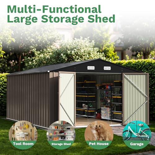Image of Patiowell 10x14 FT Storage Shed, Outdoor Metal Steel Garden Shed with Lockable Door and Sloping Roof, Large Outside Utility Tool Sheds for Backyard Garden Patio, Brown