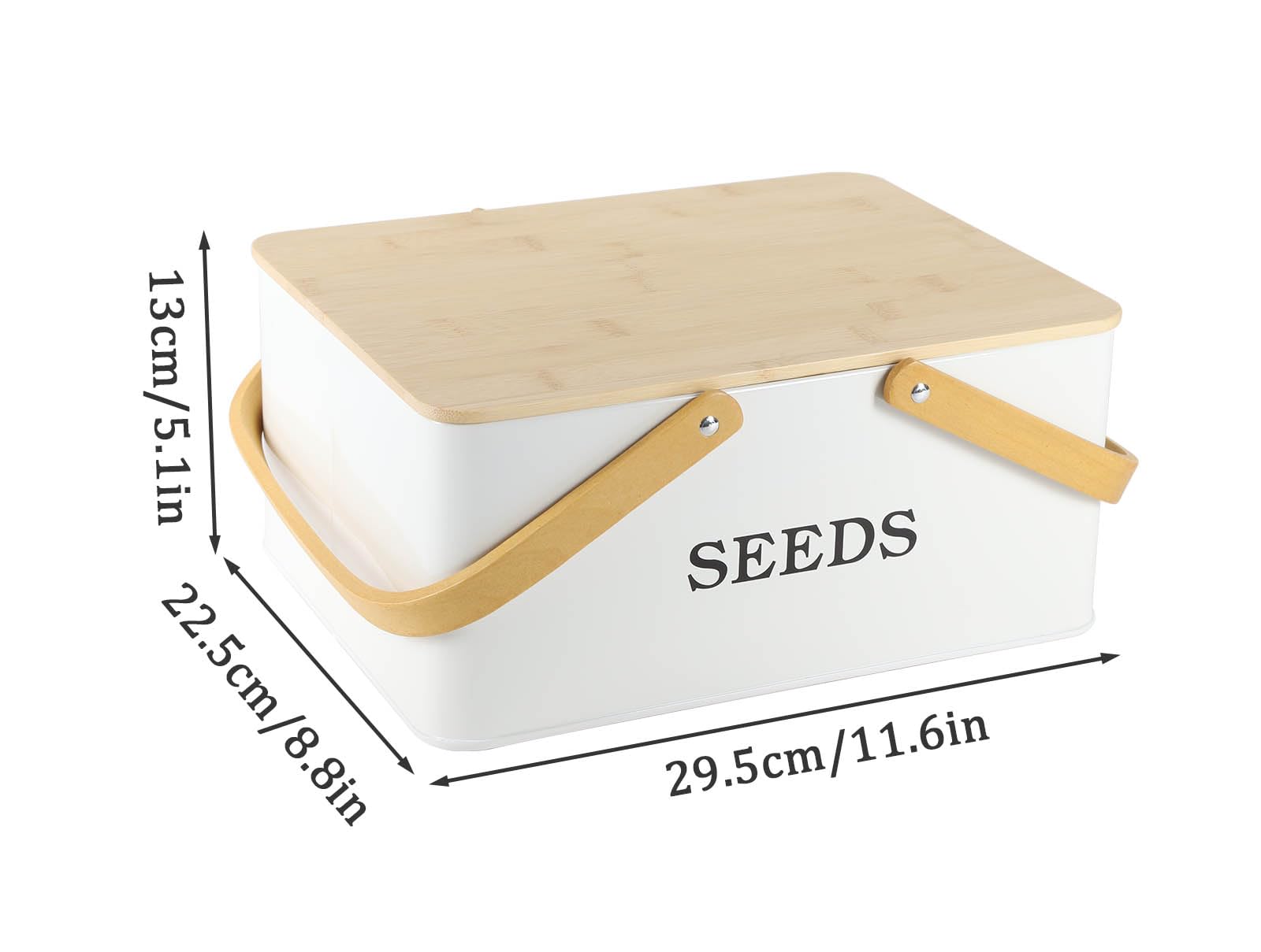 Boîte à semences, boîte de rangement de graines avec couvercle en bois, boîte de rangement en métal avec poignées, boîte de rangement à 4 compartiments, boîte de rangement de semences,