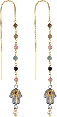 KARMA AND LUCK Threader Earrings Lotus, Hamsa & Evil Eye Designs Jade, Aquamarine & Tourmaline Gemstones Spiritual Jewelry for Protection & Peace Handmade in India