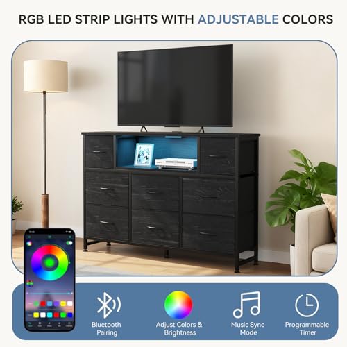 Image of DUMOS TV Stand Dresser with 8 Fabric Drawers and Open Shelves, LED Entertainment Center with Charging Station, Wood Top Media Console for 45-55 inch, Bedroom, Woodgrain Black