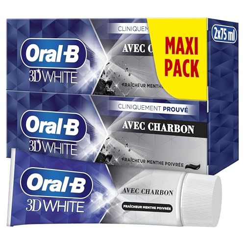 Oral-B Dentifrice Charbon 3D White Pour Effet Blancheur Dès Le Premier Brossage Des Dents, Pack De 2 x 75ml