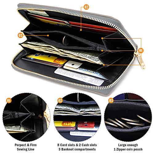 Women's Fashion Genuine Leather Long Wallet with Zipper Closure Card Slots Coin Pouch (Grey)4