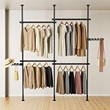 Withstar 突っ張り式ハンガーラック 2段 ポールハンガー 洗濯物干し竿 室内 突っ張り棒 天井 全体耐荷重120kg 縦横伸縮可能 幅160-240cm 高さ110-315cm 調節可能なキャップ フックスロット付き 大容量 ブラック