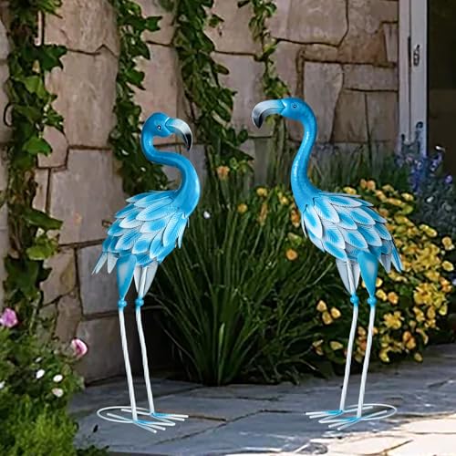 LaLamona Set of 2 Metal Flamingo Garden Statues Yard Flamingo Outdoor Decor for Lawn Patio Garden Backyard Display (Blue)