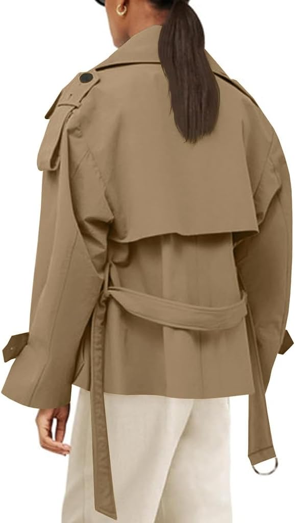 Muchpow Womens Cropped Trench Coat Casual Double Breasted Work Office Short Crop Coats Jacket with Belt - Image 4