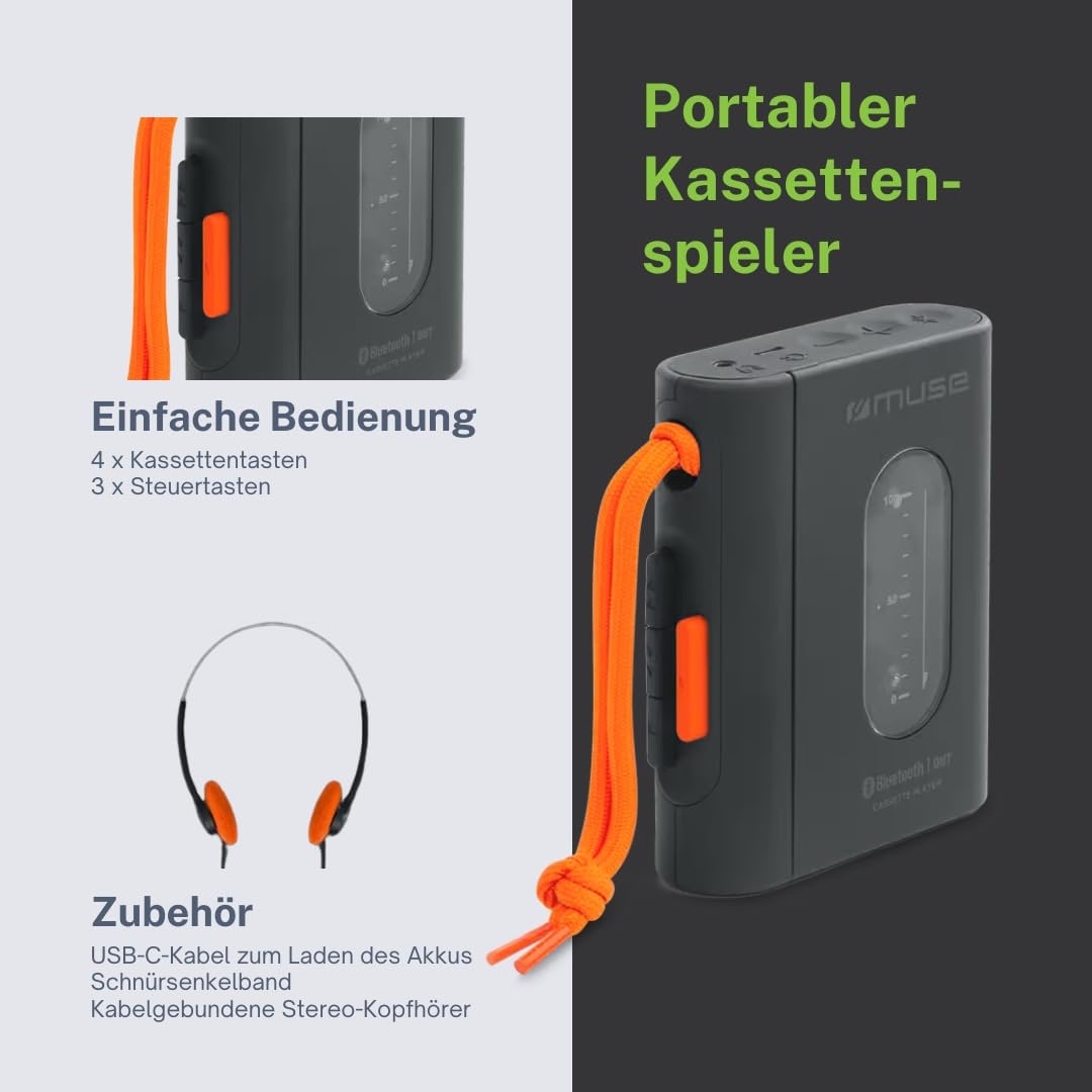 M-136 WM Tragbarer Kassettenspieler mit Bluetooth-Sender, USB-C Akku, 3,5-mm-Klinke, Stereo-Kopfhörer, 5 Std. Wiedergabe