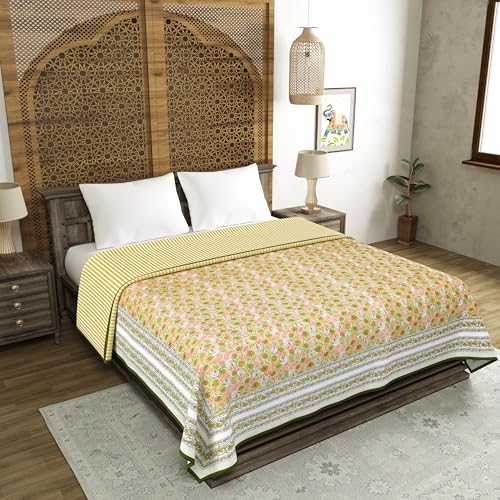 Image of BLOCKS OF INDIA 100% Cotton Dohar King Size Reversible Hand Block Printed Malmal Summer Dohar /Blanket (Green GAD BUTI)