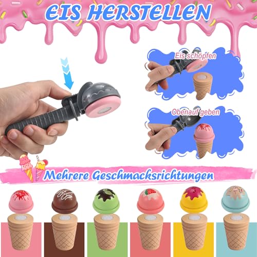 Wooderma Eisdiele Kinder Holz, Kinderküche Zubehör, Eisladen Kinder Holz, Kaufladen Rollenspiele, Holzspielzeug Spielküche Zubehör, Eiscreme Einkaufsladen, Montessori Spielzeug, Geschenk ab 3 Jahren