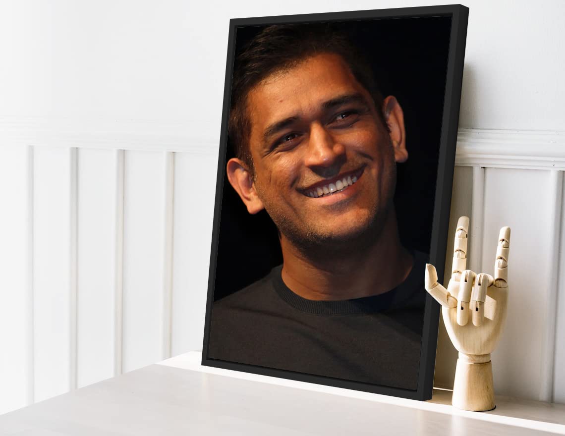 VERRE ART Printed Framed Canvas Painting for Home Decor Office Wall Studio Wall Living Room Decoration (14x22inch Black Floater) - MS Dhoni Smiles