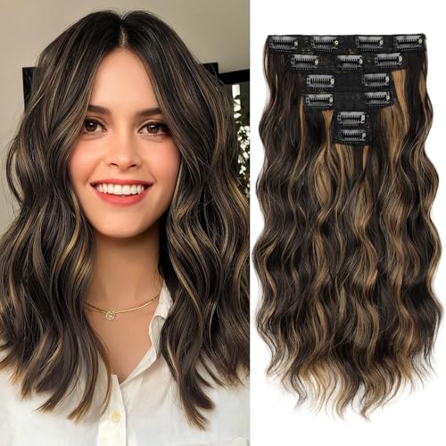 KooKaStyle Short Hair Extensions 6PCS 14 Inch Wavy Curly Hairpieces Synthetic Soft Lace Weft Clip in Hair Extensions-Balayage Dark Brown to Chestnut for Women