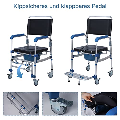 bimiti Toilettenstuhl mit Rollen bis 150kg Duschrollstuhl Wasserdichter Toilettenstuhl Fahrbar Nursing Chair für Senioren, Kranke, Behinderte und Schwangere