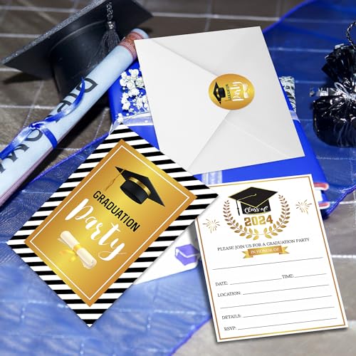 Lucleag 30 Pack Graduation Party Invitations Cards with Envelopes & Stickers, Black Gold Class of 2025 Congrats Grad Party Invite Cards for College High School Grad Celebration Party Supplies