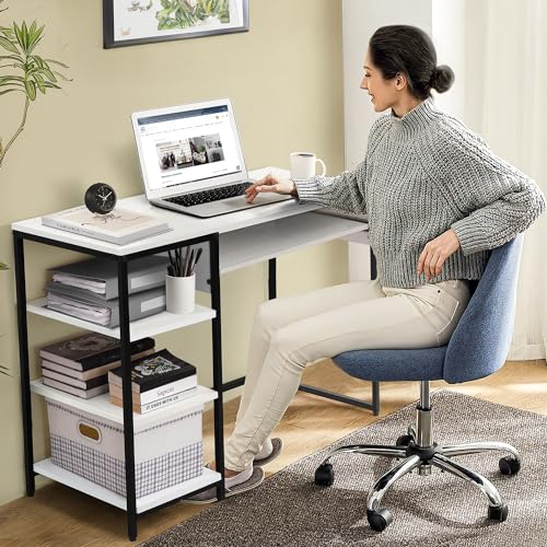 Image of ABOUT SPACE Computer Table with 3 Tier Bottom Storage & Keyboard Tray - Modern Tabletop Office Desk for PC Laptop, Study, Writing, Gaming Open Bookshelf with Storage [L100 x B45 x H75 cm]White - Matte