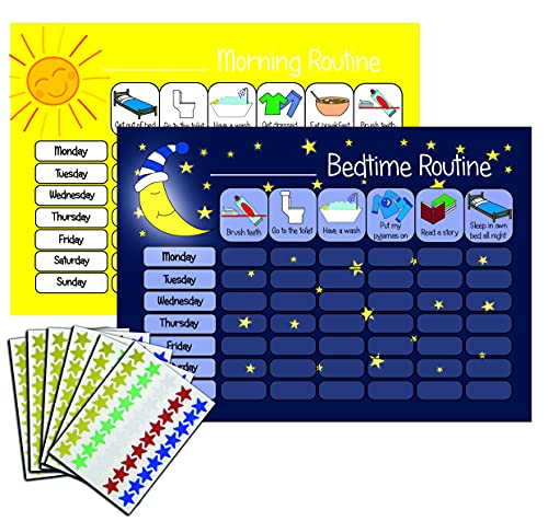 kids2learn Children's Morning & Bedtime Routine Reward Charts (Twin Pack) & 270 Stickers for boys girls Daily Routine Visual Aid - Dark Blue & Yellow