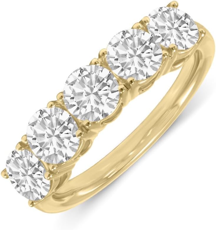TimeLess Classics 14K Gold Round Lab Grown Diamond Ladies Five Stone Wedding Anniversary Stackable Ring Band (Available From 0.50-3 CTW) (Available Ring Size: 4.5 to 10)