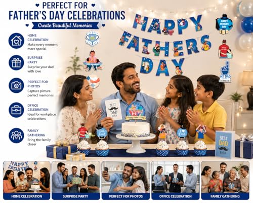 Image of Festiko Father's Day /Super Dad Birthday Party Decorations Items for Surprise (All in One Surprise KIT Banner,Swirls,Cake Toppers,Cup Cake Topper,Ribbons)- 16 Pcs