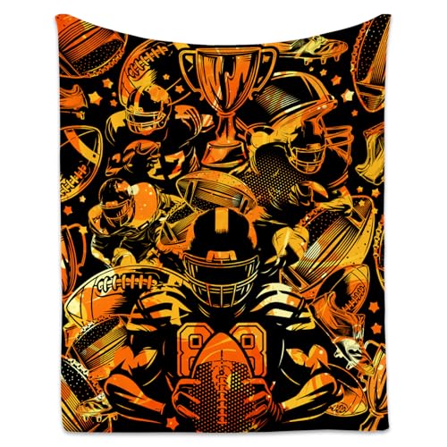 Football Blanket, Cozy Soft Throw Gifts for Boys, Cool Black Flannel Throw Blankets for Bed Travel, 50x60 Inches