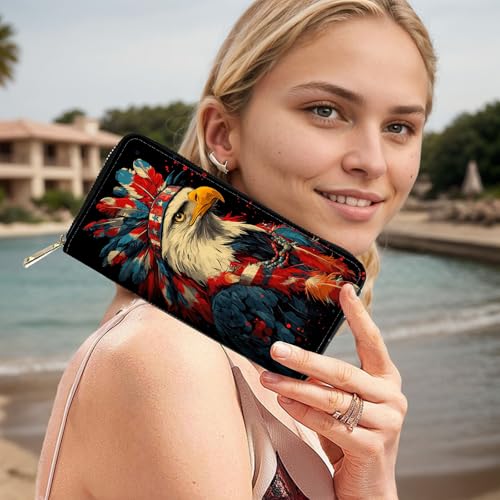 Image of RFID Blocking Leather Wallet for Women - Large Capacity Zip Around Clutch with 8 Card Slots,9 Cash Pockets & Coin Zipper,Bald Eagle Tribe Chief