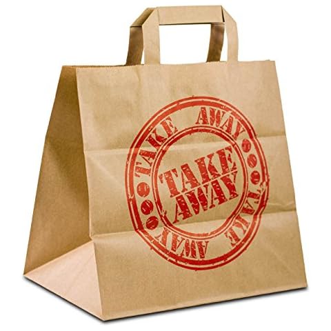 250 x Bäckertüten braun 26+17x25 cm Motiv: Take Away | Papiertüten extra breiter Boden | Konditortaschen Papier | Take Away Tüten | HUTNER Cover