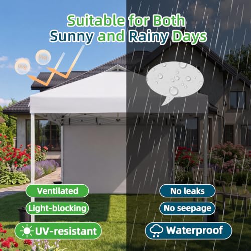 Image of 10x10 White Instant Canopy Tent 1 Sidewall Height Adjustable Portable Gazebo One-Touch Setup with Wheeled Bag for Summer Weddings, Backyard BBQ, Beach Camping, Poolside Parties