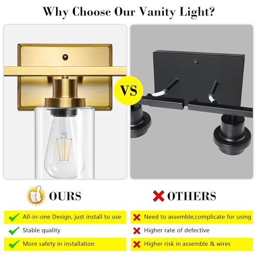 Image of Ascher Bathroom Vanity Light Fixtures, 3 Light Wall Sconces Lighting with Clear Glass Shade, Gold Wall Lights for Mirror, Kitchen, Living Room, Gallery, E26 Base (Bulbs Not Included)