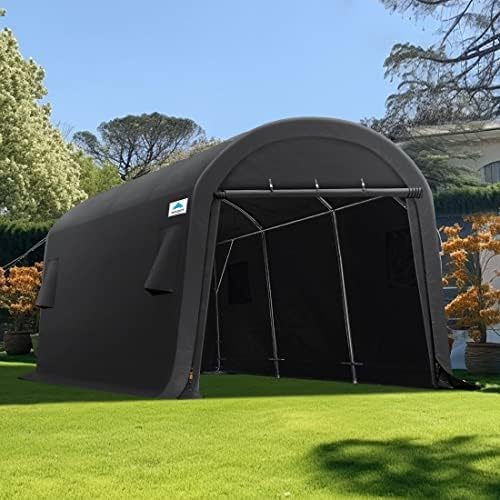 ADVANCE OUTDOOR 10X12 ft Storage Shed Carport Steel Metal Round Peak Roof Portable Garage Shelter for Motorcycle, Boat, and Garden Tools with 2 Roll up Doors & Vents-Dark Gray