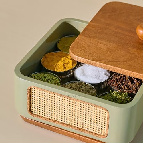 Image of Brick Brown Jali Wooden Masala Box with Lid | 9 Stainless Steel Containers & Wooden Spoon | Handcrafted Spice Box Organizer with 360 Rotating Base | Masala Dani for Kitchen Storage (8.3 x 4.3 Inch)