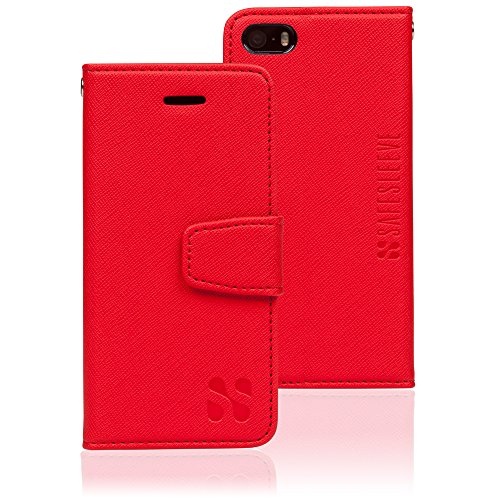 SafeSleeve Wallet Leather Case for iPhone Se, 5/5s, EMF Blocker for Cell Phone with 3 Card Holder & Adjustable Stand – Magnetic Closure, and Magnetic Folio Protection for Daily Use (Red)