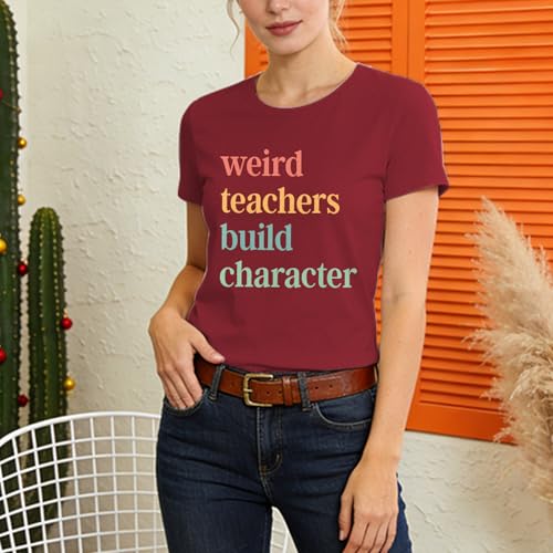 Image of Teacher Shirts for Women-Weird Teacher Build Character Short Sleeve | Soft Multicolor Letter Shirt Great for Teacher Appreciation Gift Back to School and Classroom Photos Matching Tee Top