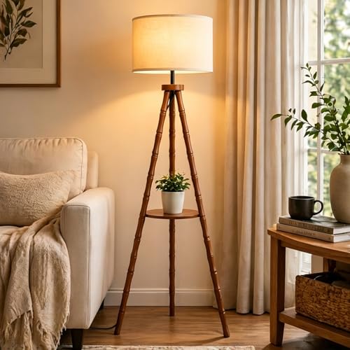 Image of LAMSU Solid Wood Tripod Floor Lamp with Shelf, Mid Century Bobbin Standing Lamp with Fabric Shade and Foot Switch, Retro Farmhouse Tall Corner Lamps for Living Room Bedroom Office Reading, Brown