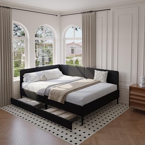 DEINPPA Full Size L-Shape Corner Bed Frame with 2 Storage