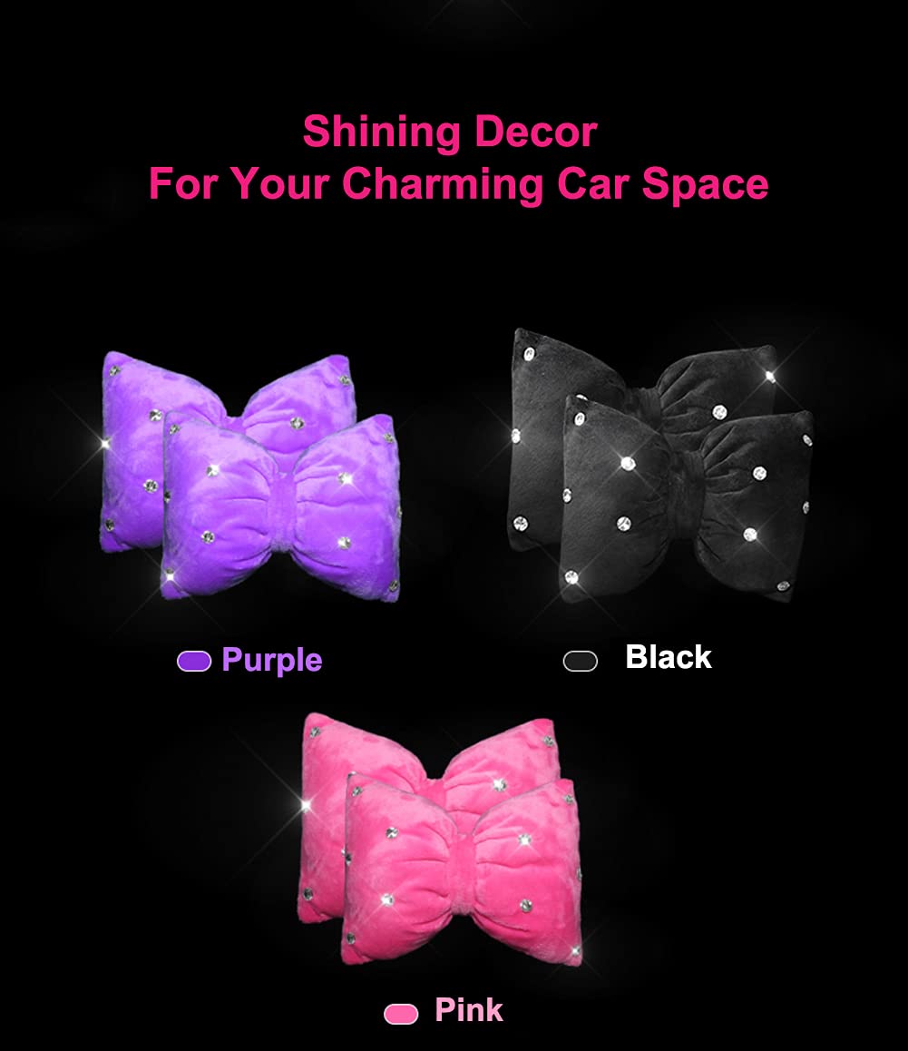 seemehappy Car Headrest Pillow for Driving,Shining Bowknot Car Pillow Cute,Car Seat Neck Cushion, Set of 2 (Pink)