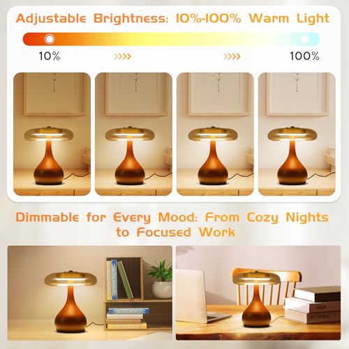 Small Table Lamp for Bedroom-Wooden Base Teardrop Mushroom Table Lamps,Amber Glass Shade,LED Three Color Temperature Adjustable Brightness Modern LED Side Table and Desk Lighting(H 9.7 in) - Image 4
