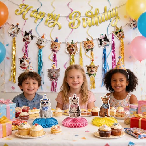 Ricalin Cat Theme Birthday Party Decorations 11PCS Pre-Strung Happy Birthday Banner Garland Funny Cats Cutouts Hanging Swirls Cute Kitty Honeycomb Centerpieces & Cake Toppers for Cat Lovers by Ricalin - Image 5