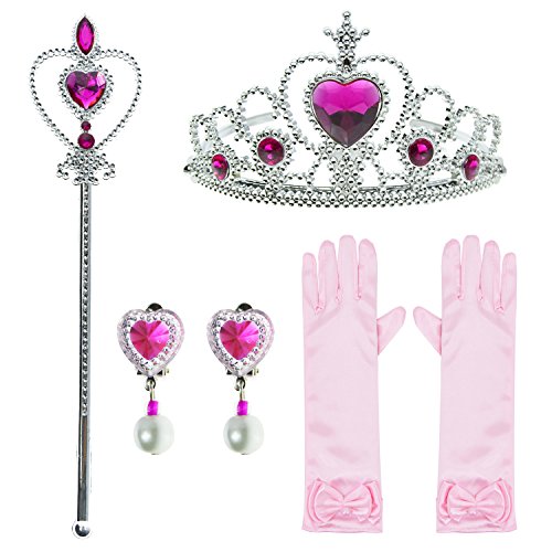 Party Chili Princess Dress Up Accessories set with Gloves,Crown,Wand,Clip Earrings for Women Pink (4pcs)