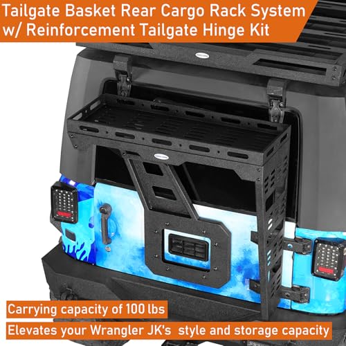 Image of Hooke Road JK Spare Tire Cargo Basket Rack for 2007-2018 Jeep Wrangler JK & Unlimited 2 /4 Doors, Rear Steel Storage Tray Luggage Carrier with Reinforced Tailgate Hinge Kit