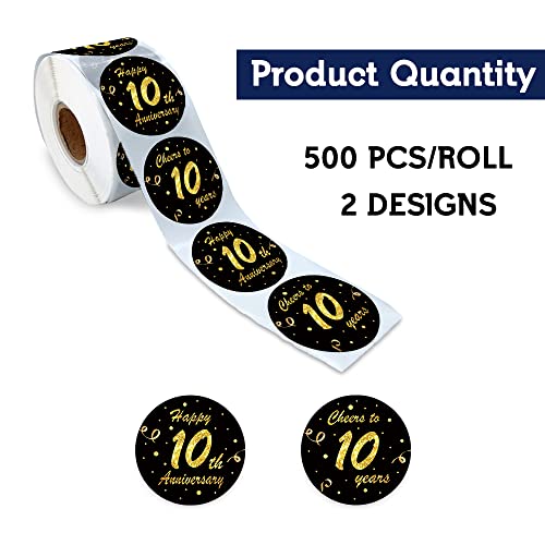 Rewidparty Black Gold 10Th Anniversary Party Stickers Rolls Cheers To 10 Years Stickers Anniversary Party Decorations Happy 10Th Birthday Adhesive Stickers Wedding Party Supplies(500 Per Roll) #TOP1