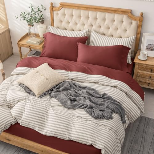 PURE ERA Jersey Knit 4pc Bed Sheet Set 100% T-Shirt Cotton Super Soft Comfy Breathable Fits Mattress Up to 20" Extra Deep Pocket (Solid Brick Red, Queen)