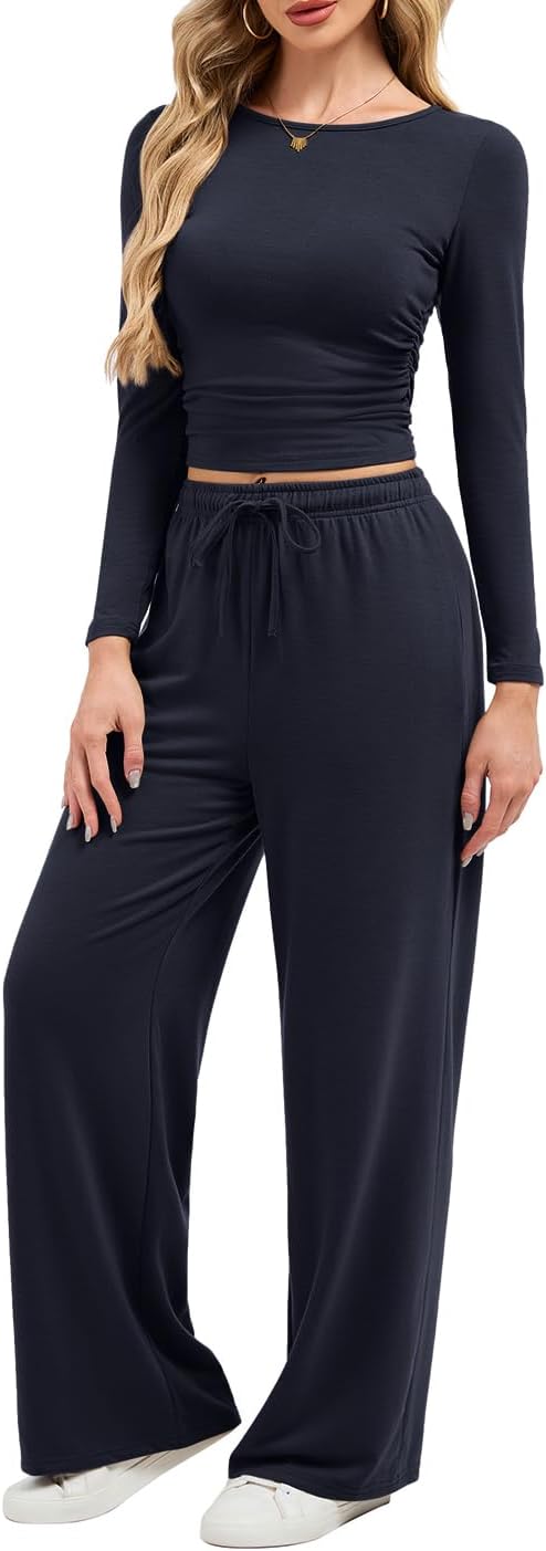 Arolina Two Matching Sets Airport Outfits for Women 2025 Travel Outfits Elasticity Crop Top & Easy Wide Leg Pants - Image 4